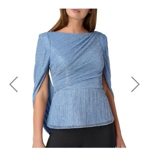 Adrianna Papell Cocktails Party Mettallic Mesh Boat-Neck Cape Top Dusty Blue 10